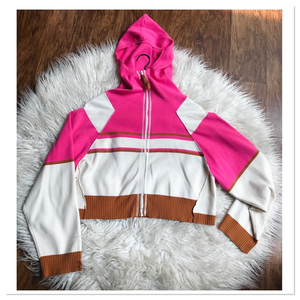 Free People Stripes For Days Hooded Crop Sweatshirt Pink Brown Size XS